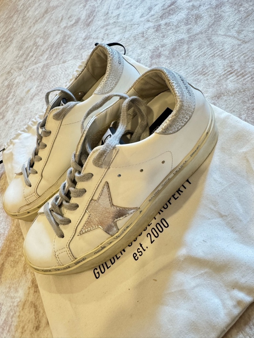 Golden Goose White Leather Sneakers with Silver Star and Metallic Heel